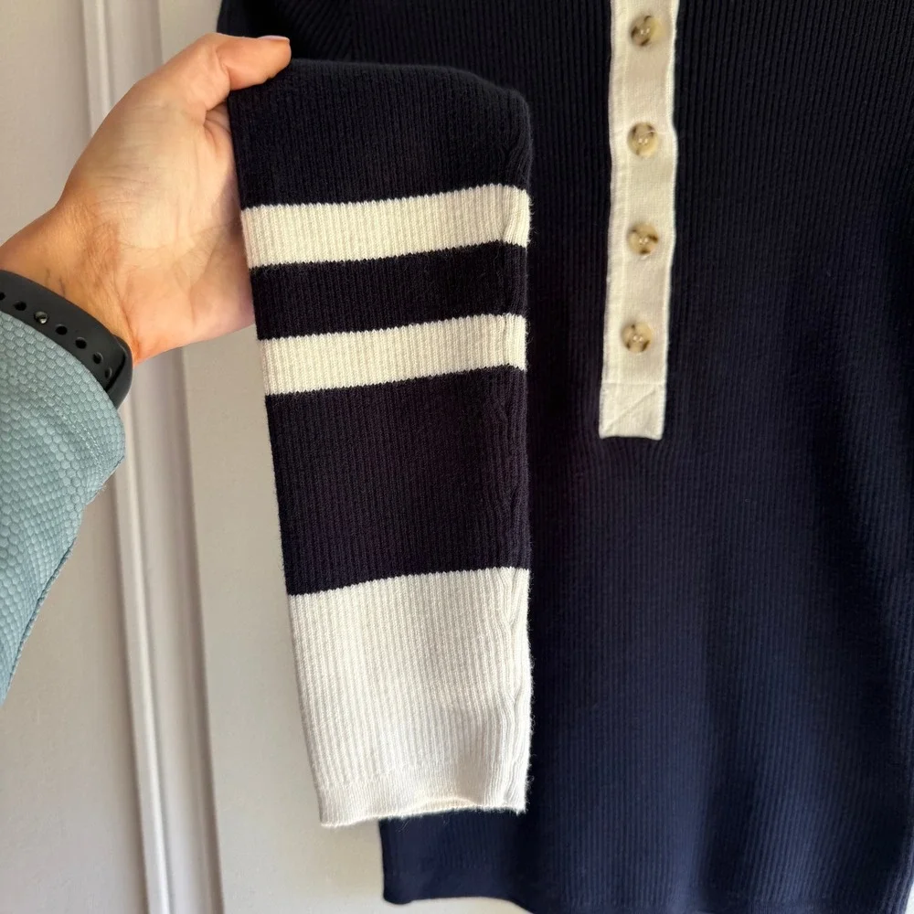 Faherty Navy Blue Organic Cotton Cashmere Ribbed Henley Sweater Stripe WYC0006 - Picture 3 of 9